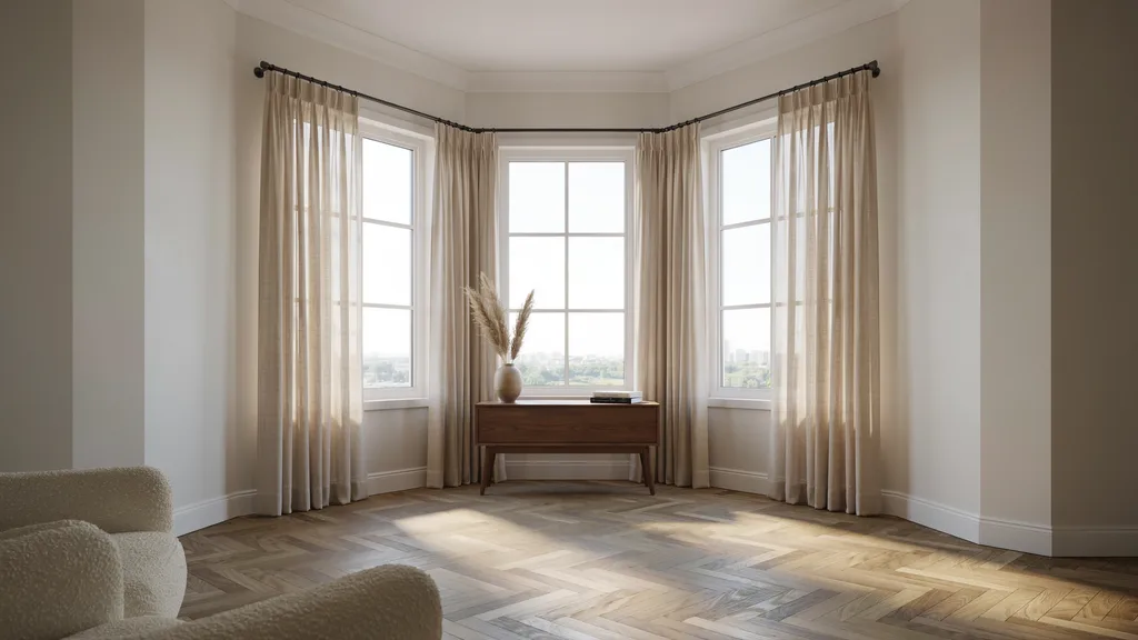 bay window with properly aligned curtain rods and brackets across angled panels creating seamless continuous window treatment.