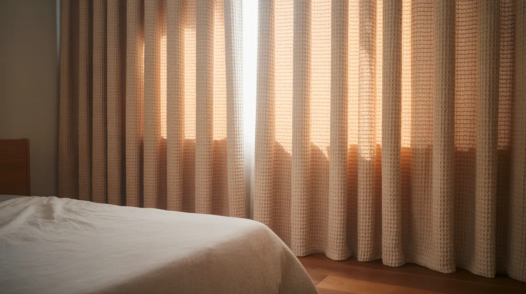 Textured curtains adding depth and detail behind the bed.