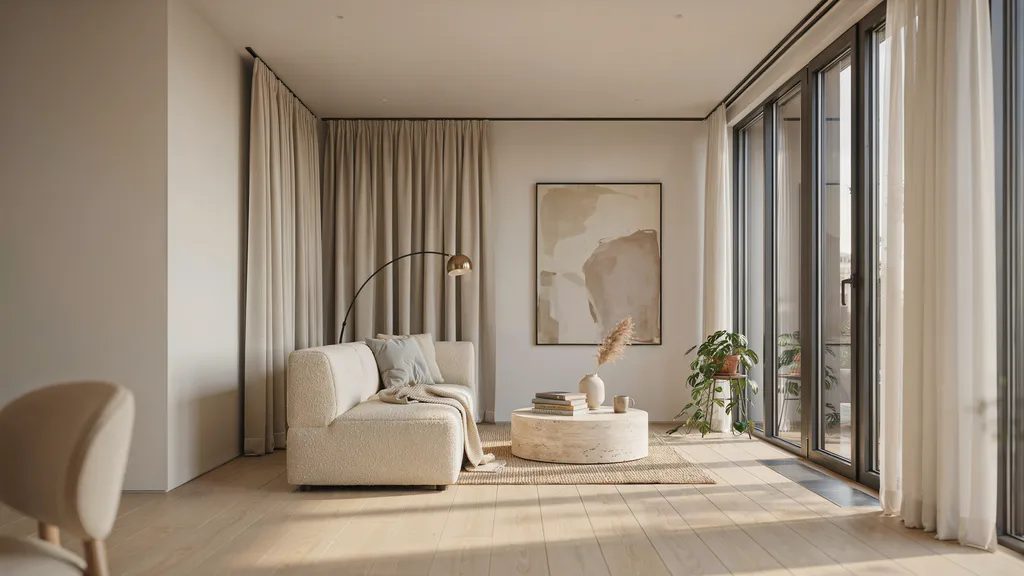living room with floor length curtains grazing the floor in clean modern interior with soft natural light and balanced decor.