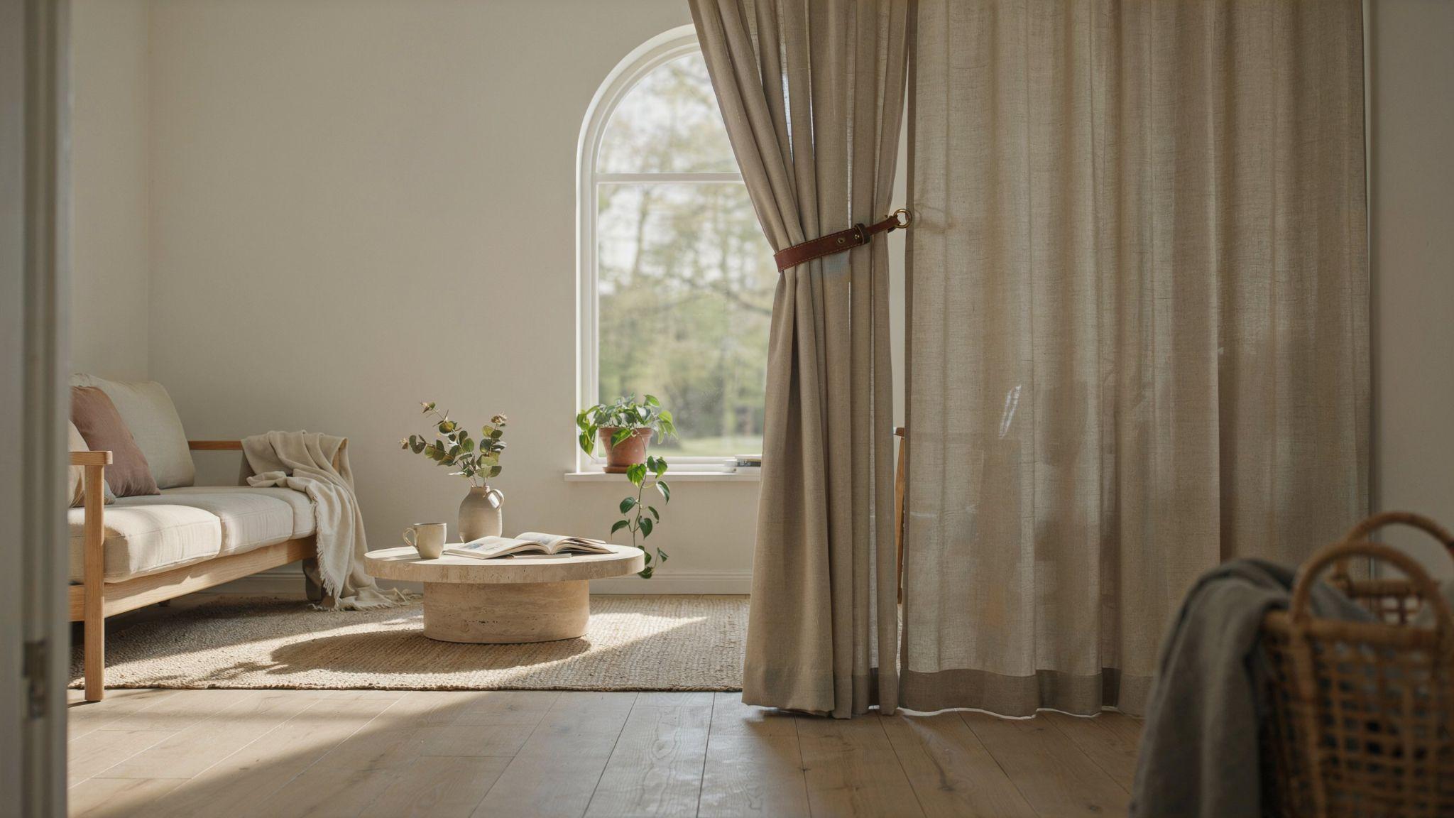 Bright minimalist living room featuring floor-length linen curtains held back by a simple brown leather strap tie back.