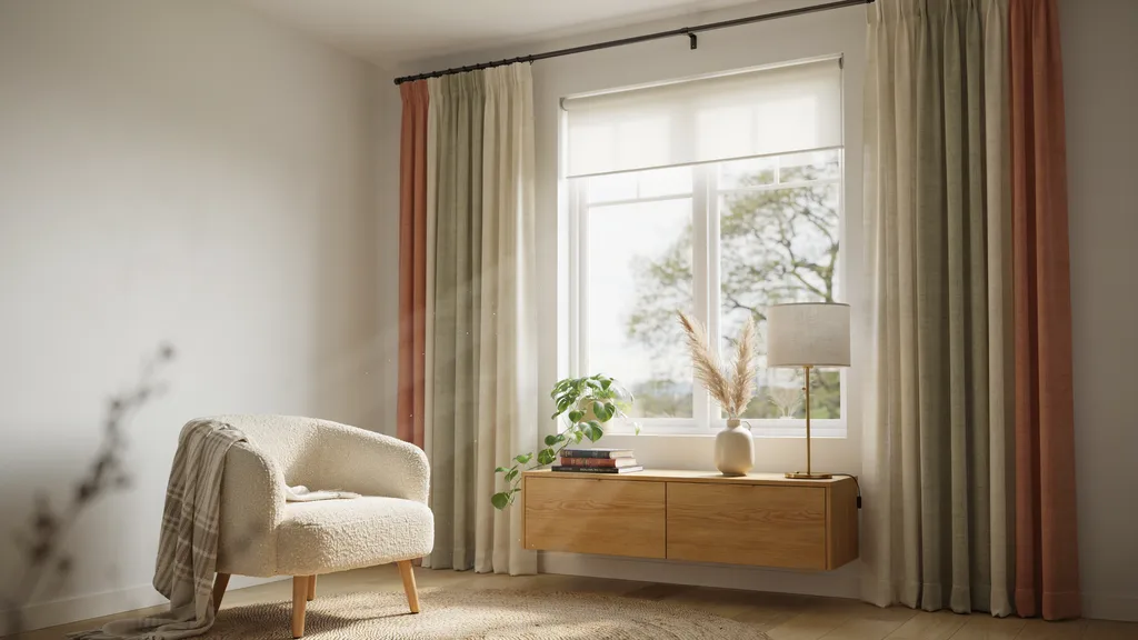 Striped curtains with roller blinds in a modern balanced interior