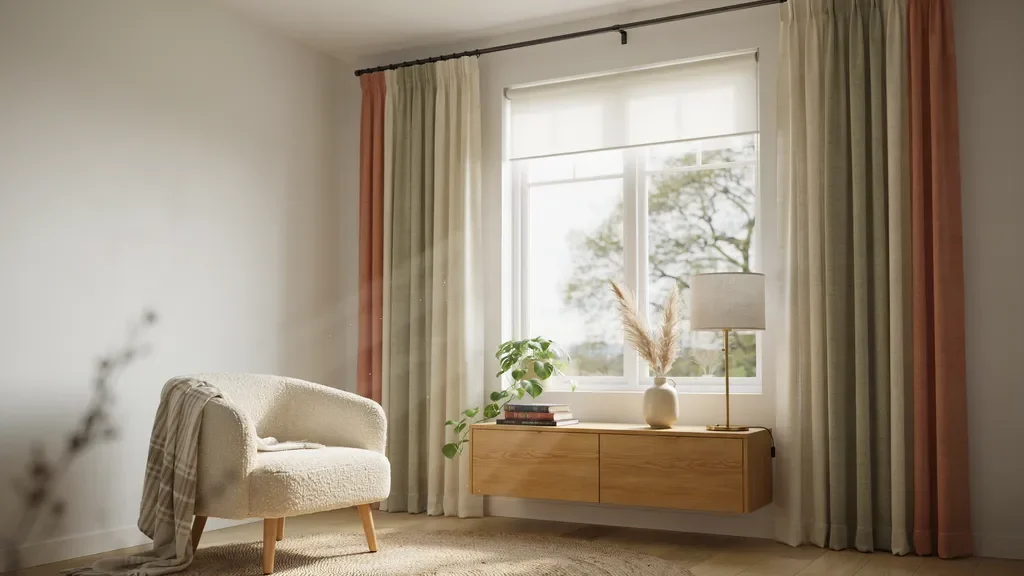 Striped curtains with roller blinds in a modern balanced interior
