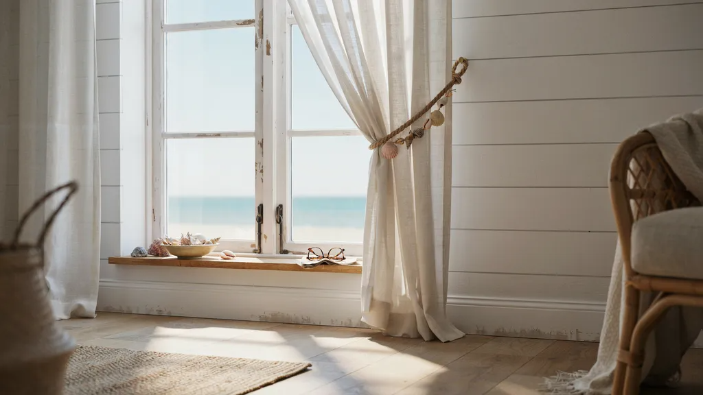 Shell and rope curtain tie backs in a coastal-style room