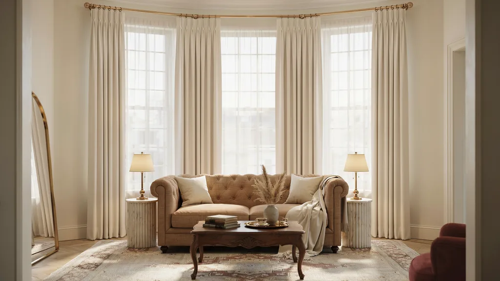Pinch pleat curtains in a realistic elegant living room with three windows.