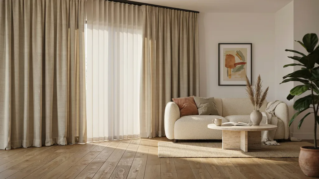 Linen curtains over vertical blinds adding a natural and relaxed modern look.