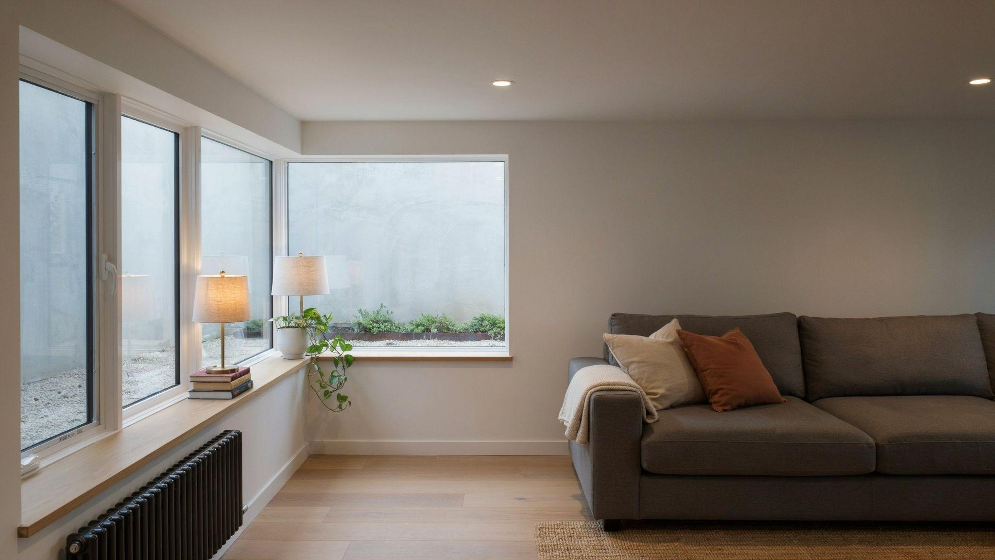 In-swing casement basement window ideal for shallow window well installations.