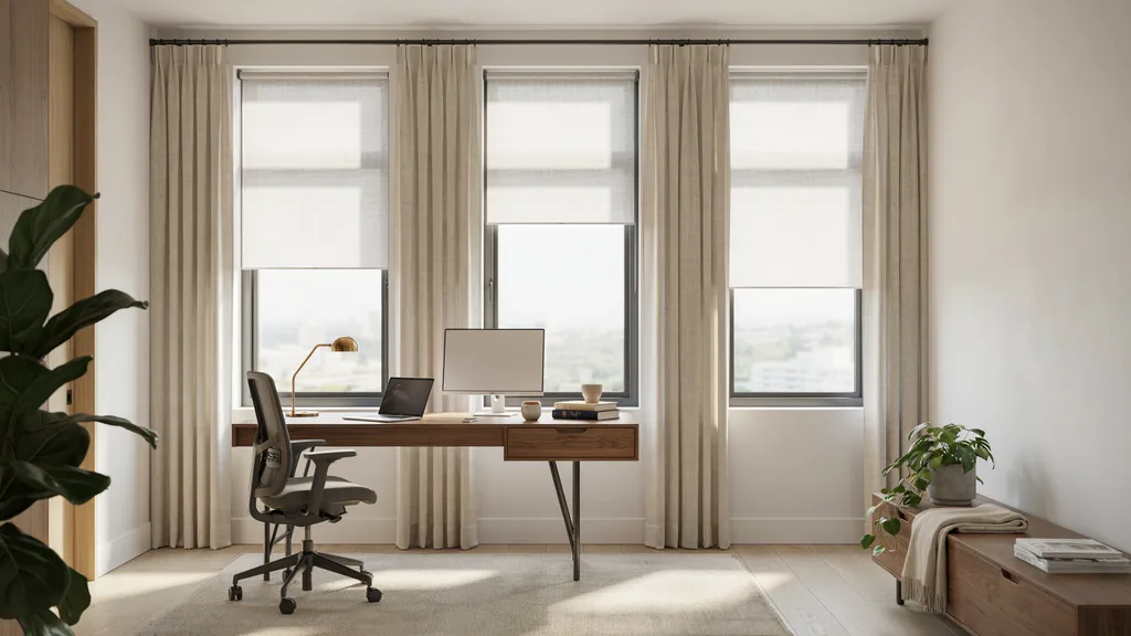 Home office with three side-by-side windows featuring light-filtering curtains and shades for privacy and glare control.
