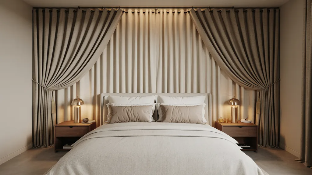 Modern bedroom with decorative curtains behind the bed creating a soft, elegant fabric feature wall.
