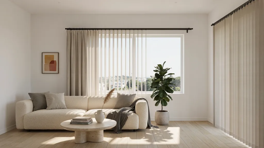 High and wide mounted curtain rod installed over vertical blinds for a taller window look.