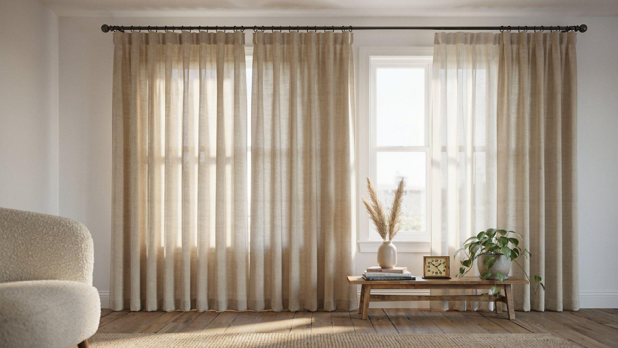 Back tab curtains hanging with hidden tabs creating smooth pleats and a tailored look