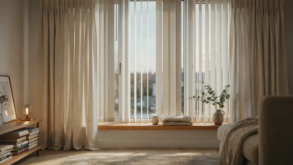 Thermal curtains over vertical blinds helping insulate a room during winter.