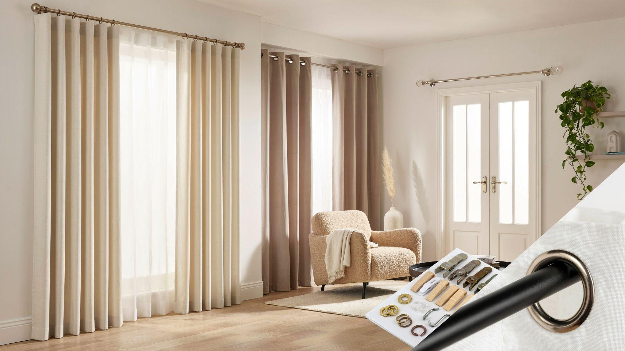 Various types of curtain hooks displayed with different curtain styles, tracks, and rods in a home interior.