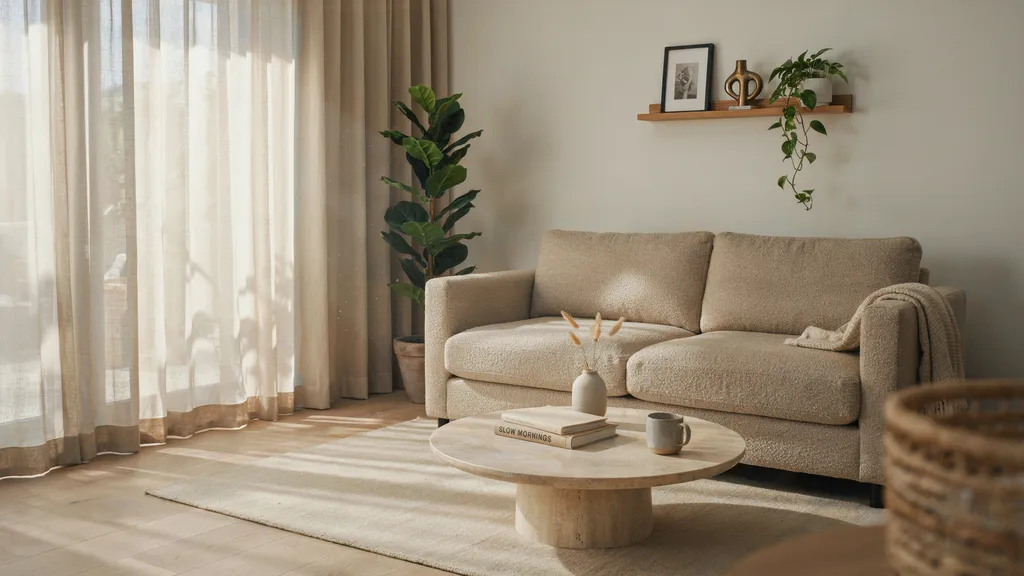 living room with light filtering curtains creating soft glowing natural light and balanced privacy interior.
