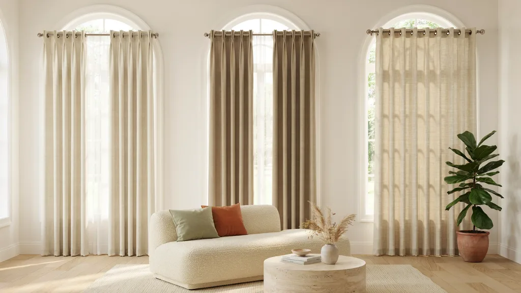 Different types of curtain pleats displayed together including ripple fold pinch pleat and grommet styles showing how each design changes fabric drape and room appearance.