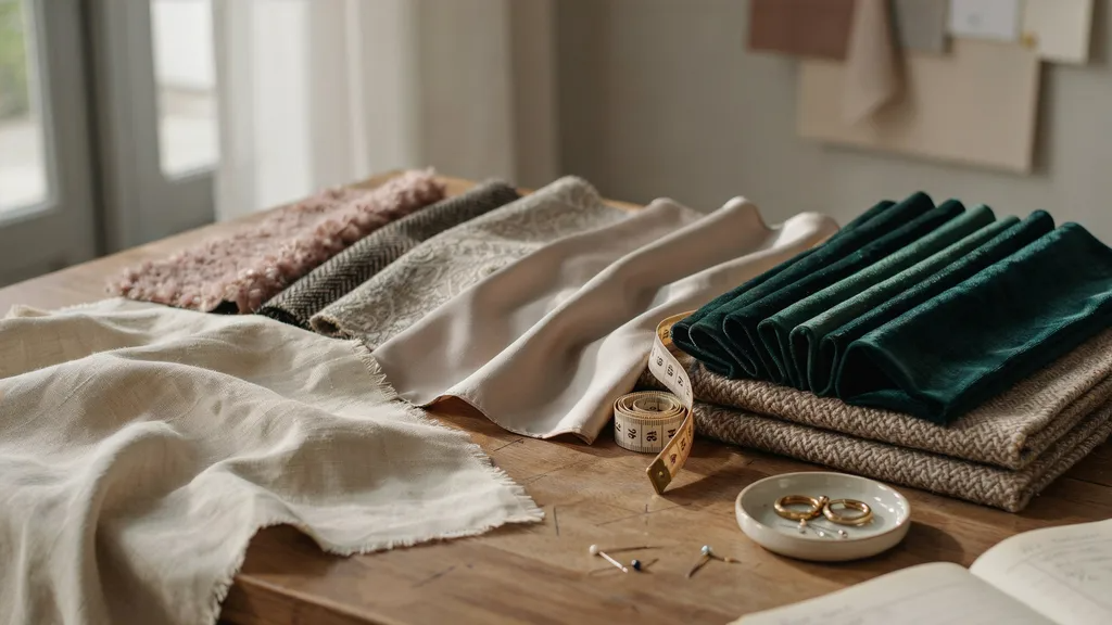 Premium curtain fabrics including linen, silk, and velvet displayed together.