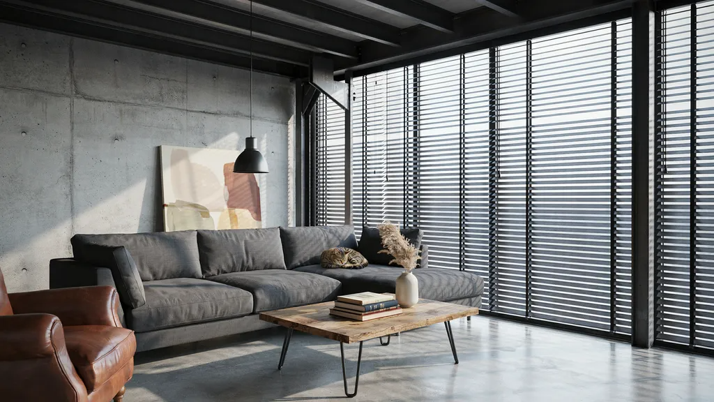 Metal blinds in a modern industrial living room
