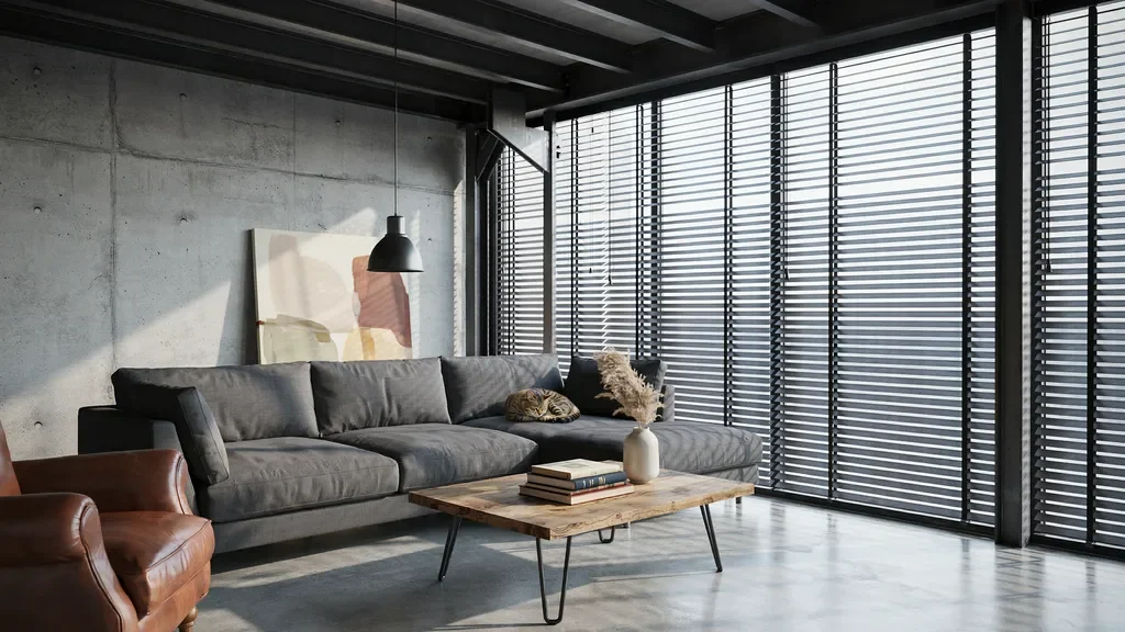 Metal blinds in a modern industrial living room