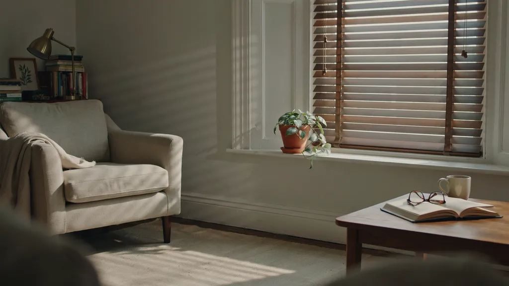 Wood Venetian blinds with natural wooden slats installed on a living room window, showing warm tones and a classic interior style.