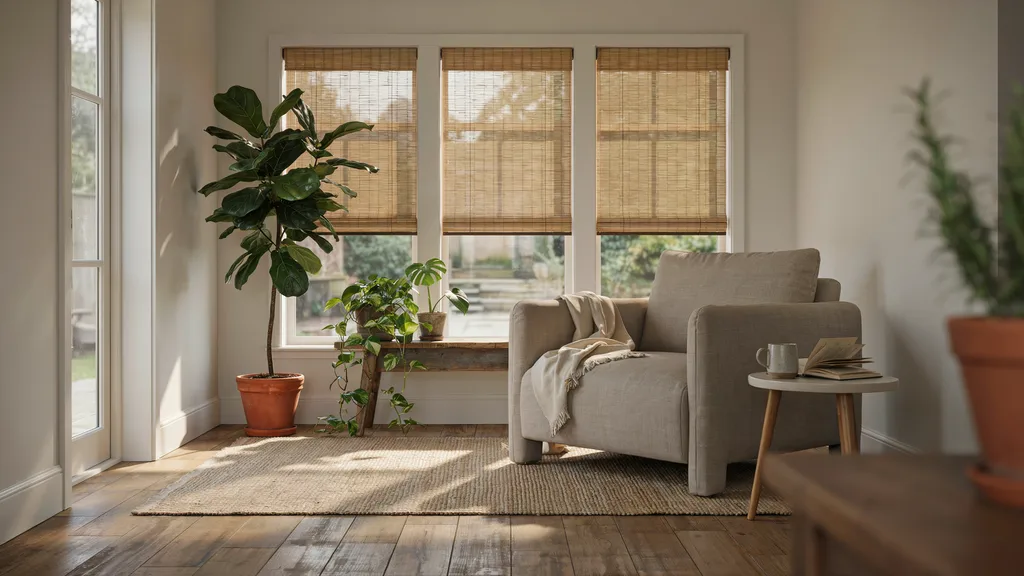 Bamboo shades covering three windows in a realistic sunlit room.