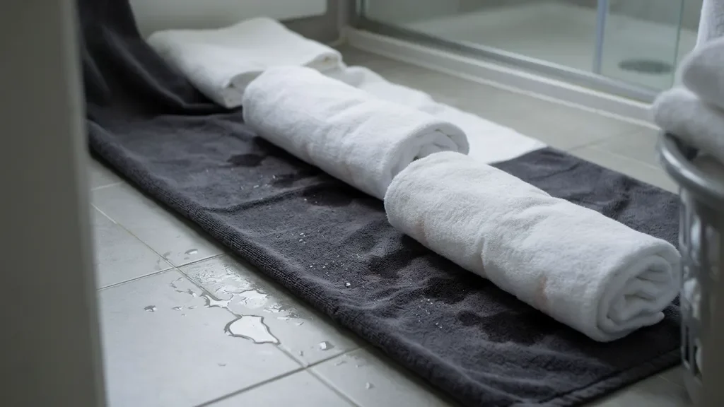 Removing excess water from blackout curtains using towels.