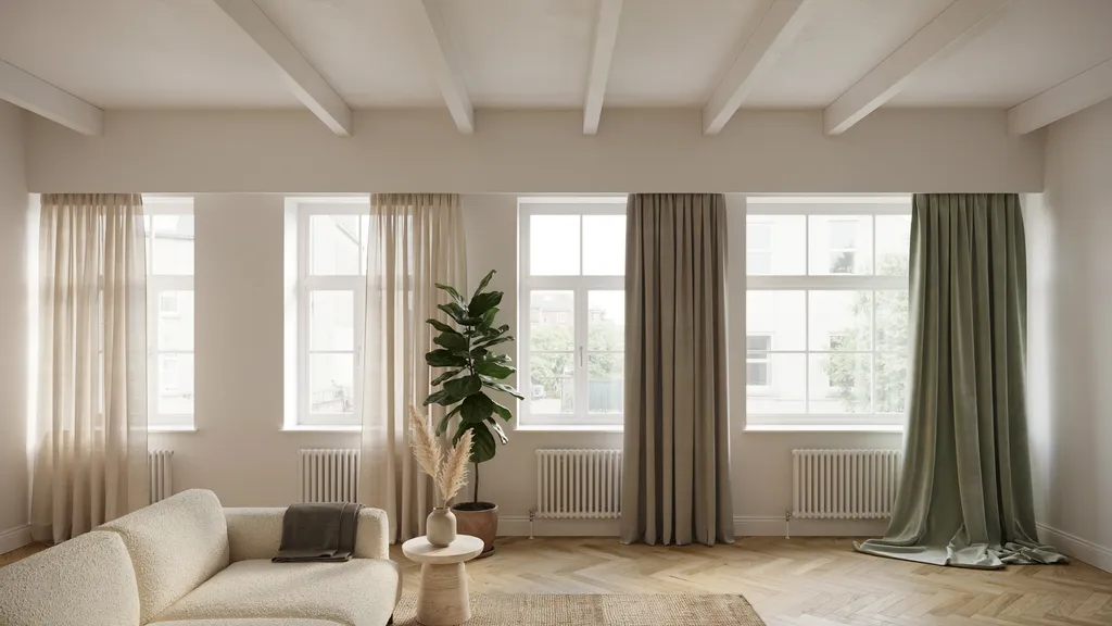 modern interior showing multiple curtain lengths displayed across windows including short medium and floor length styles in clean home decor setup.