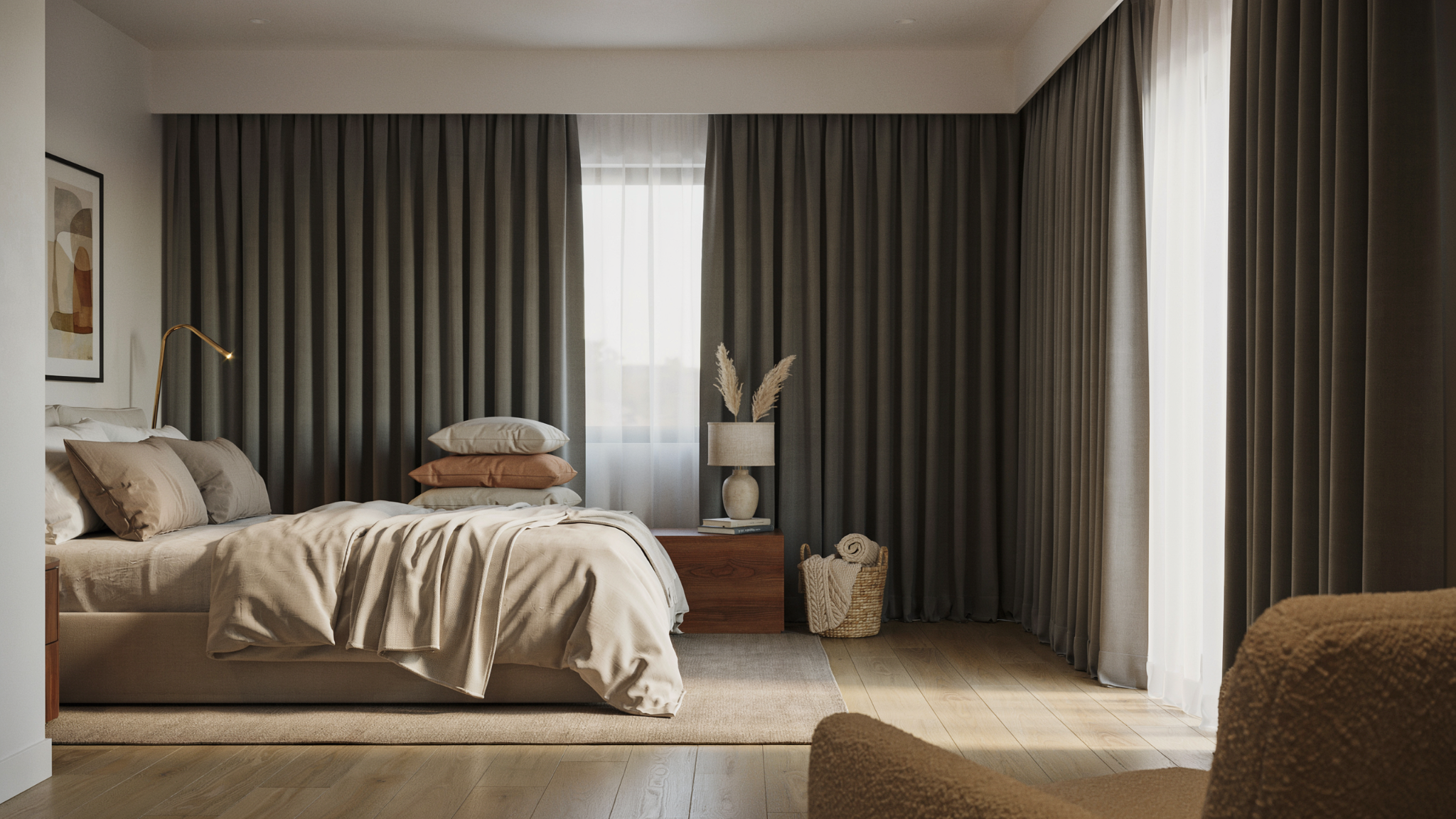 bedroom with blackout floor length curtains creating privacy and light control in calm modern interior setting.