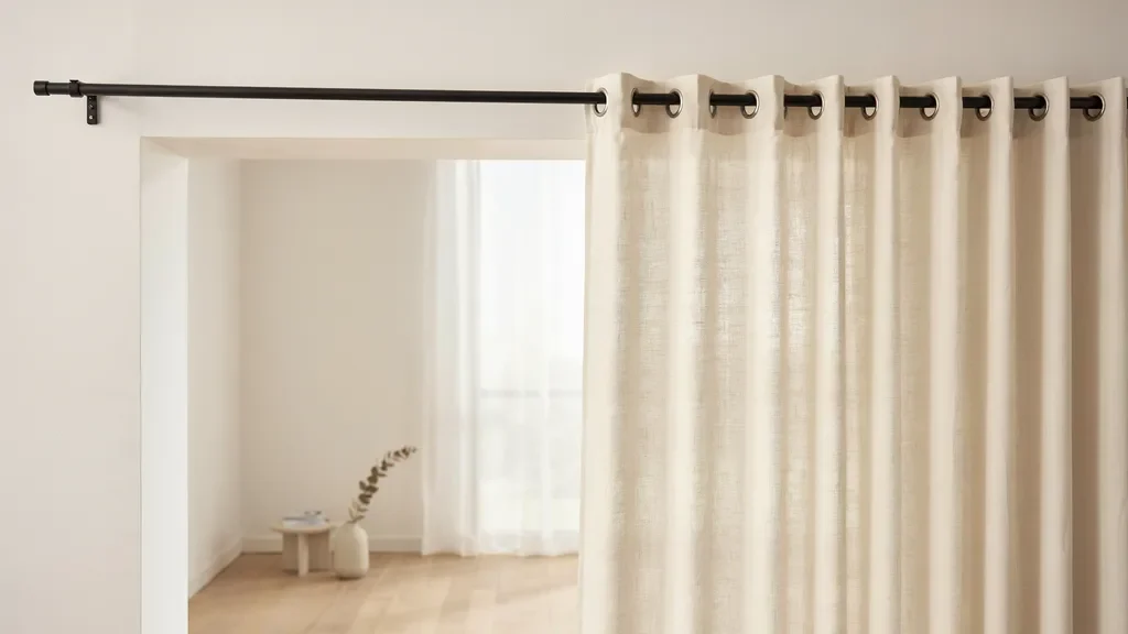 "Grommet curtains being threaded onto curtain rod with even spacing and second panel prepared in modern interior setup"