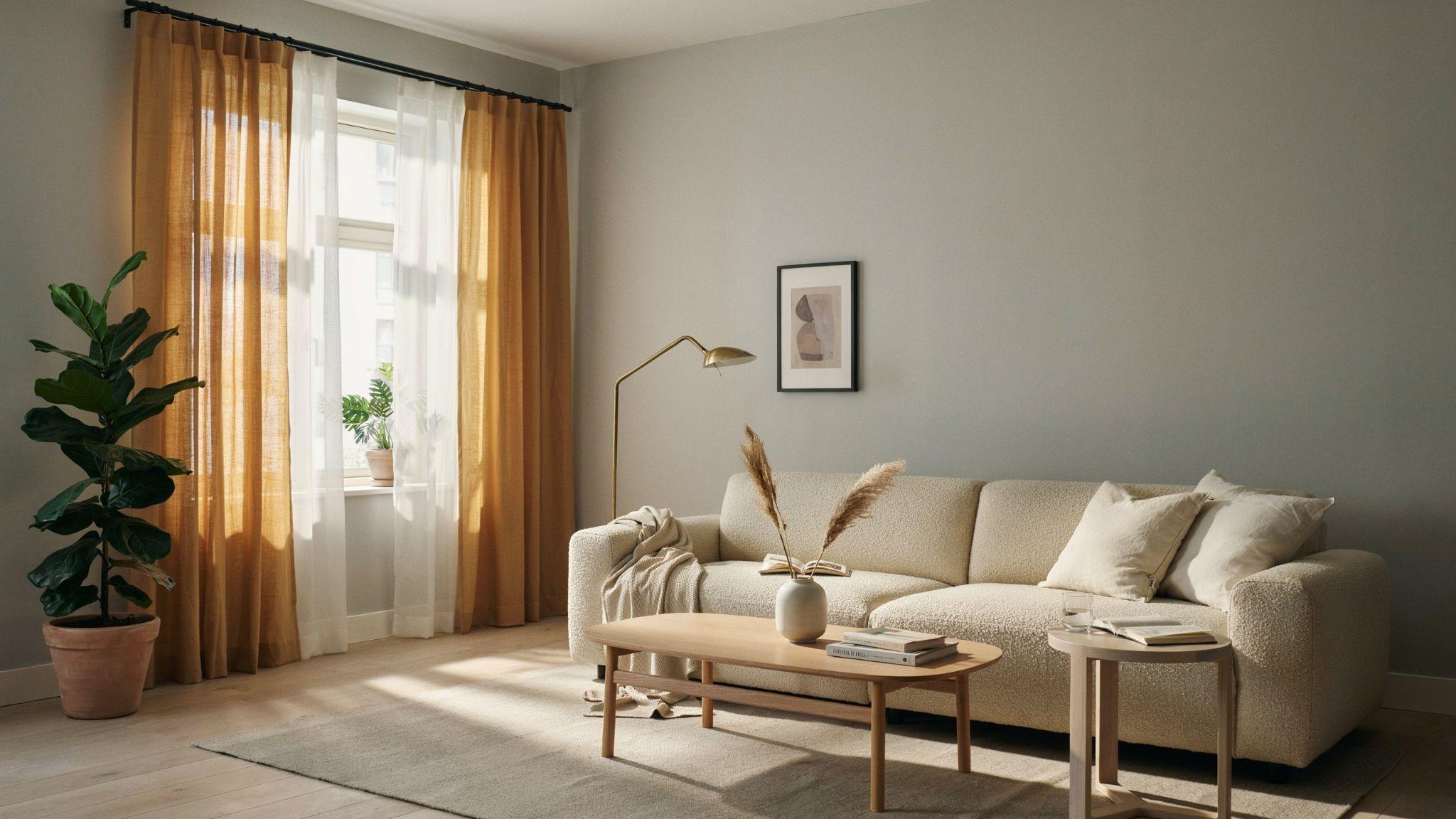 "Modern gray living room with mustard yellow curtains adding warm vibrant contrast in natural sunlight"