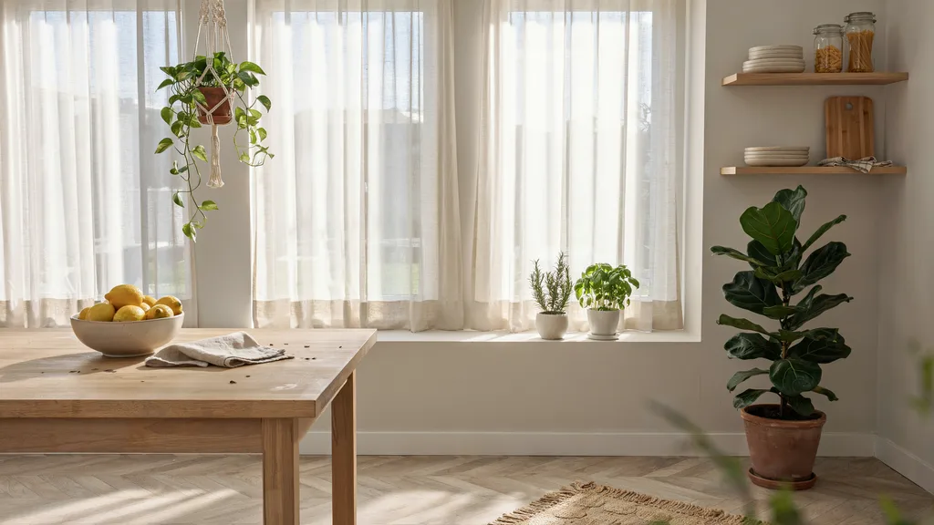 Sheer curtains softly diffusing sunlight across three realistic windows.