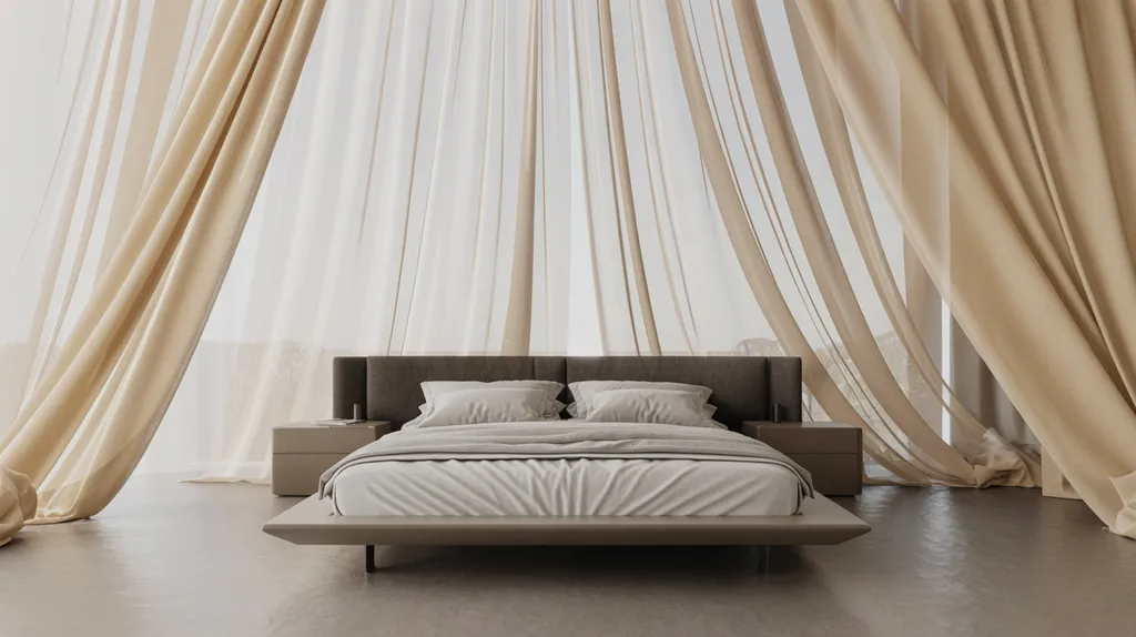 Off-center bed visually balanced by aligned curtains behind it.