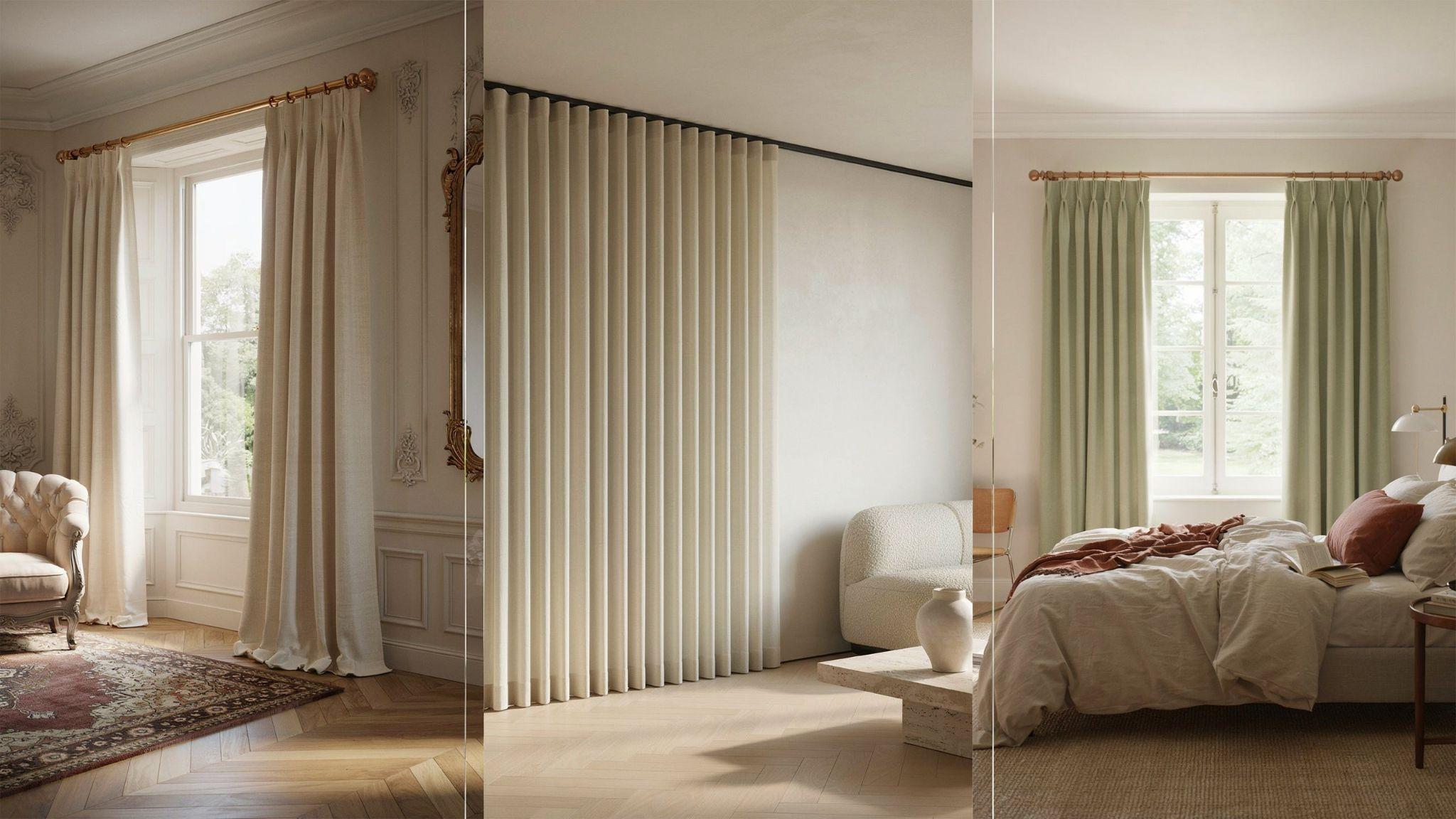 Various pull string curtain styles displayed across traditional, modern, and casual interiors