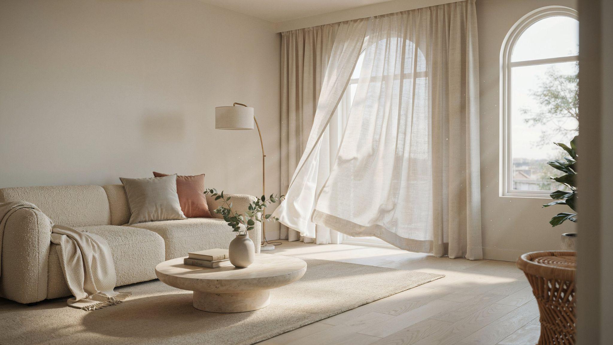 Sheer curtains allowing natural light while maintaining a bright airy atmosphere