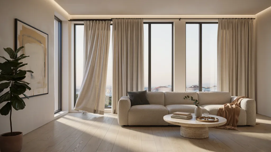 Motorized curtains opening across three smart modern windows.