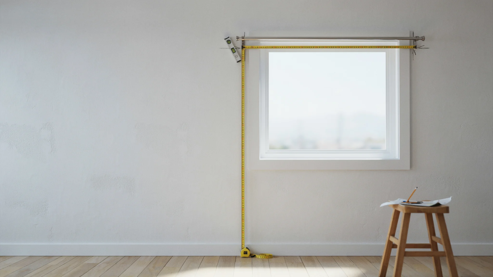 "Measuring window for grommet curtain installation with tape measure and marked wall points in modern interior DIY setup"