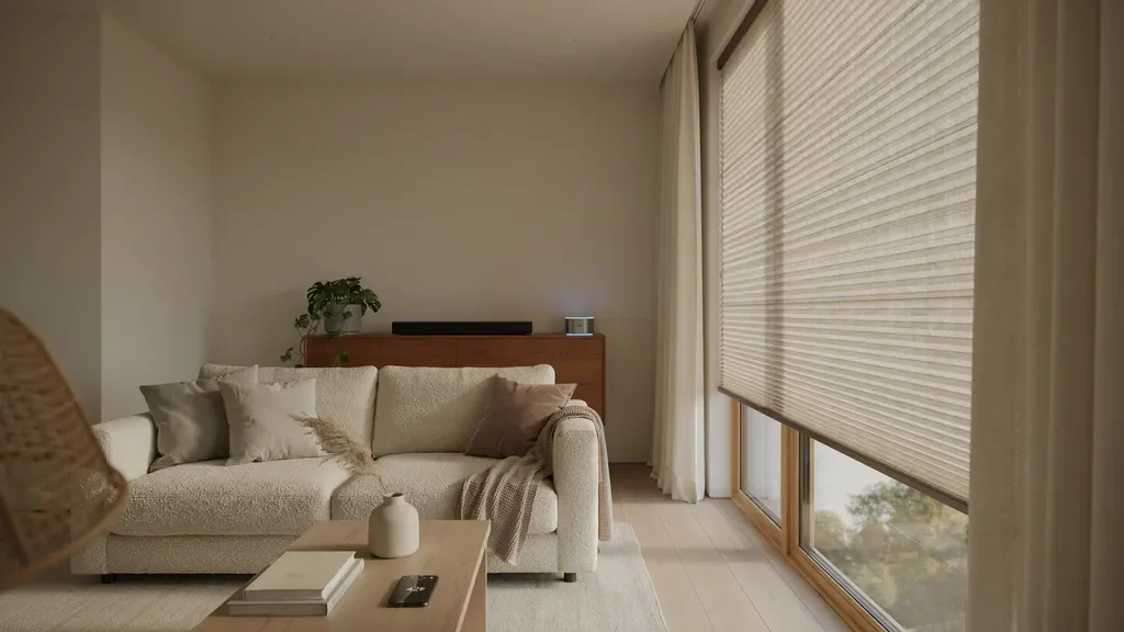Layered curtains with motorized blinds in a modern smart home interior