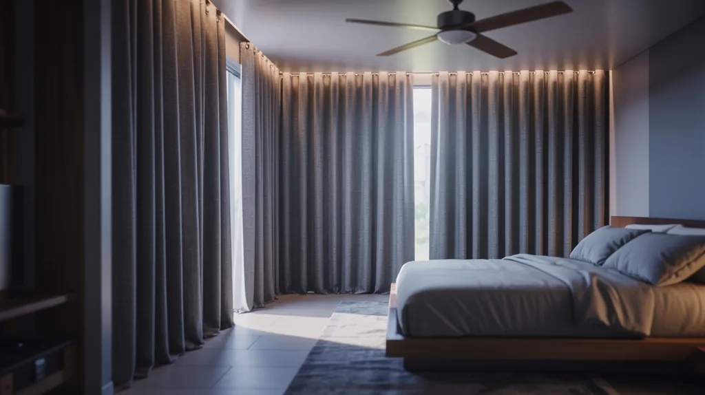 Cool summer bedroom with blackout curtains blocking strong sunlight and keeping the room shaded and comfortable.