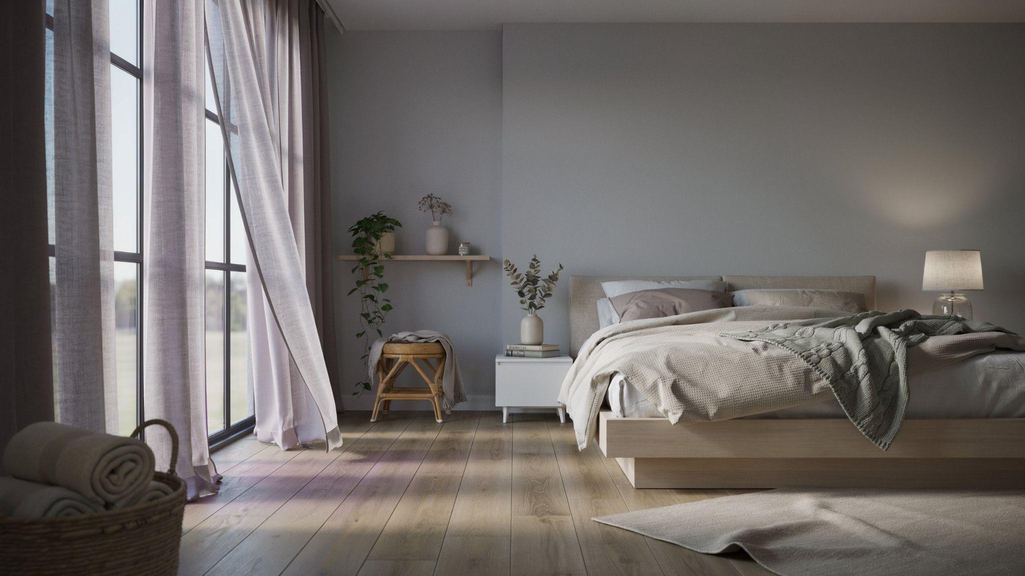 "Calm modern gray bedroom with lavender curtains creating a soft relaxing pastel atmosphere"