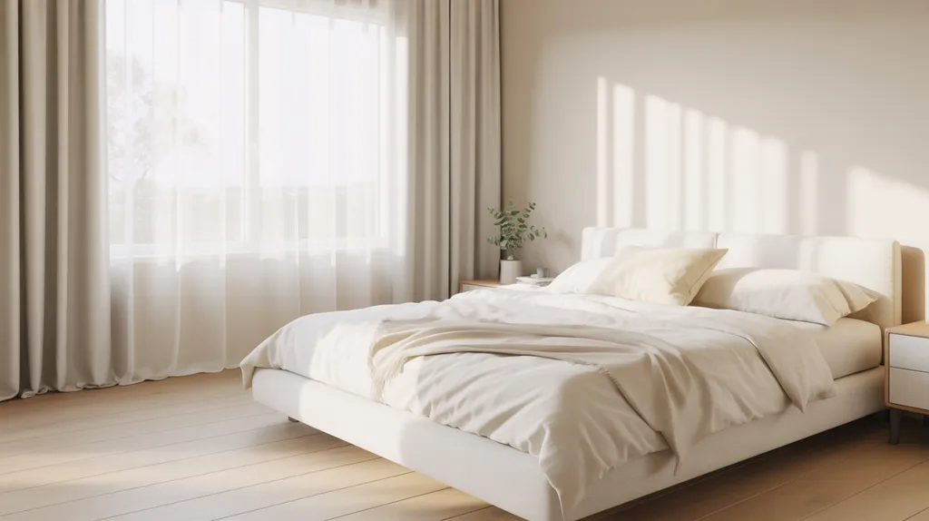Minimal bedroom with sheer white curtains creating a soft airy backdrop.