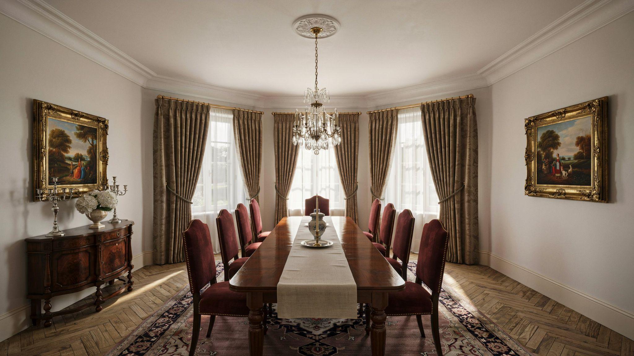 Box pleat curtains providing structure and formality to elegant rooms