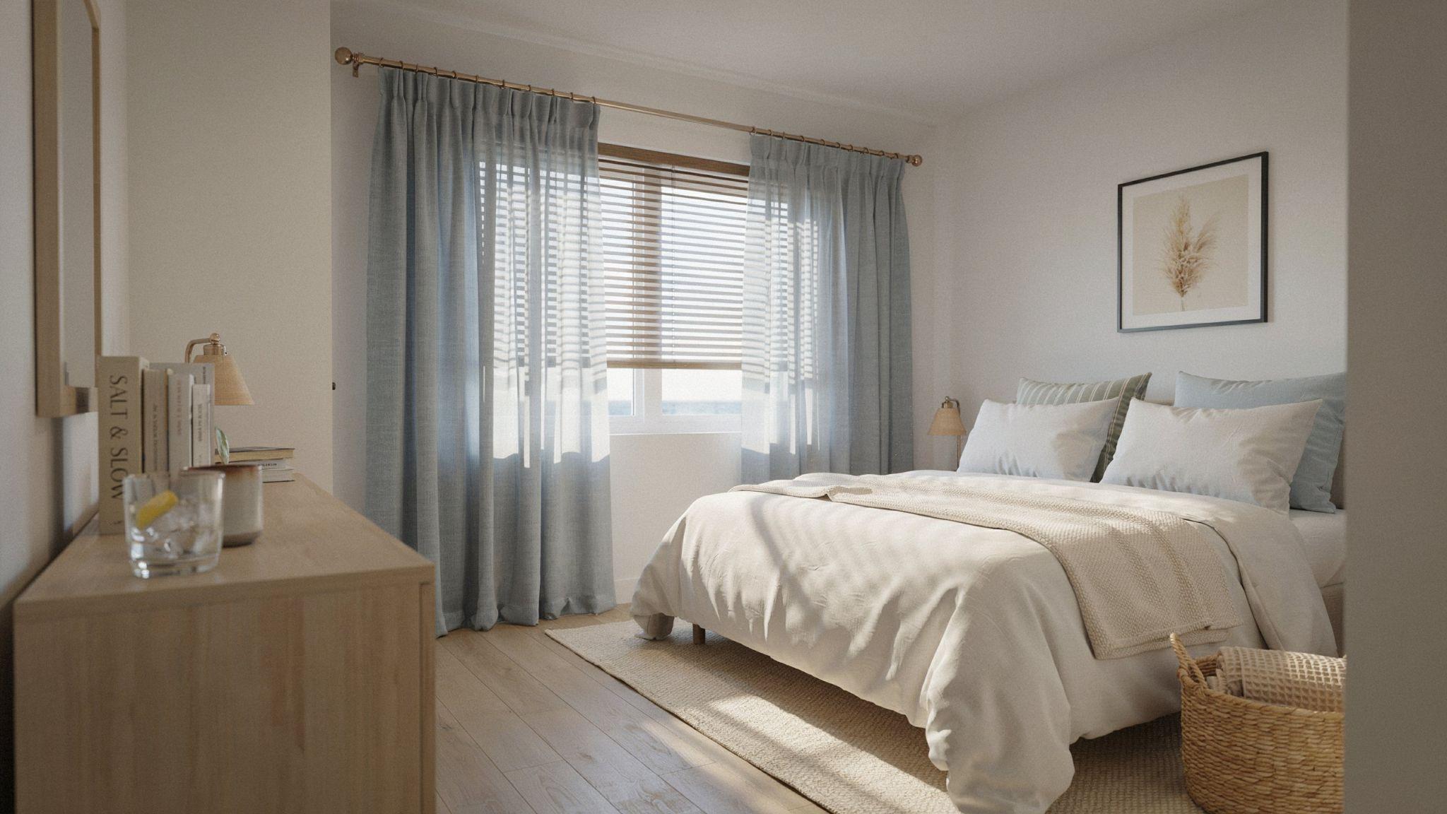 Blue curtains layered over light wood blinds.
