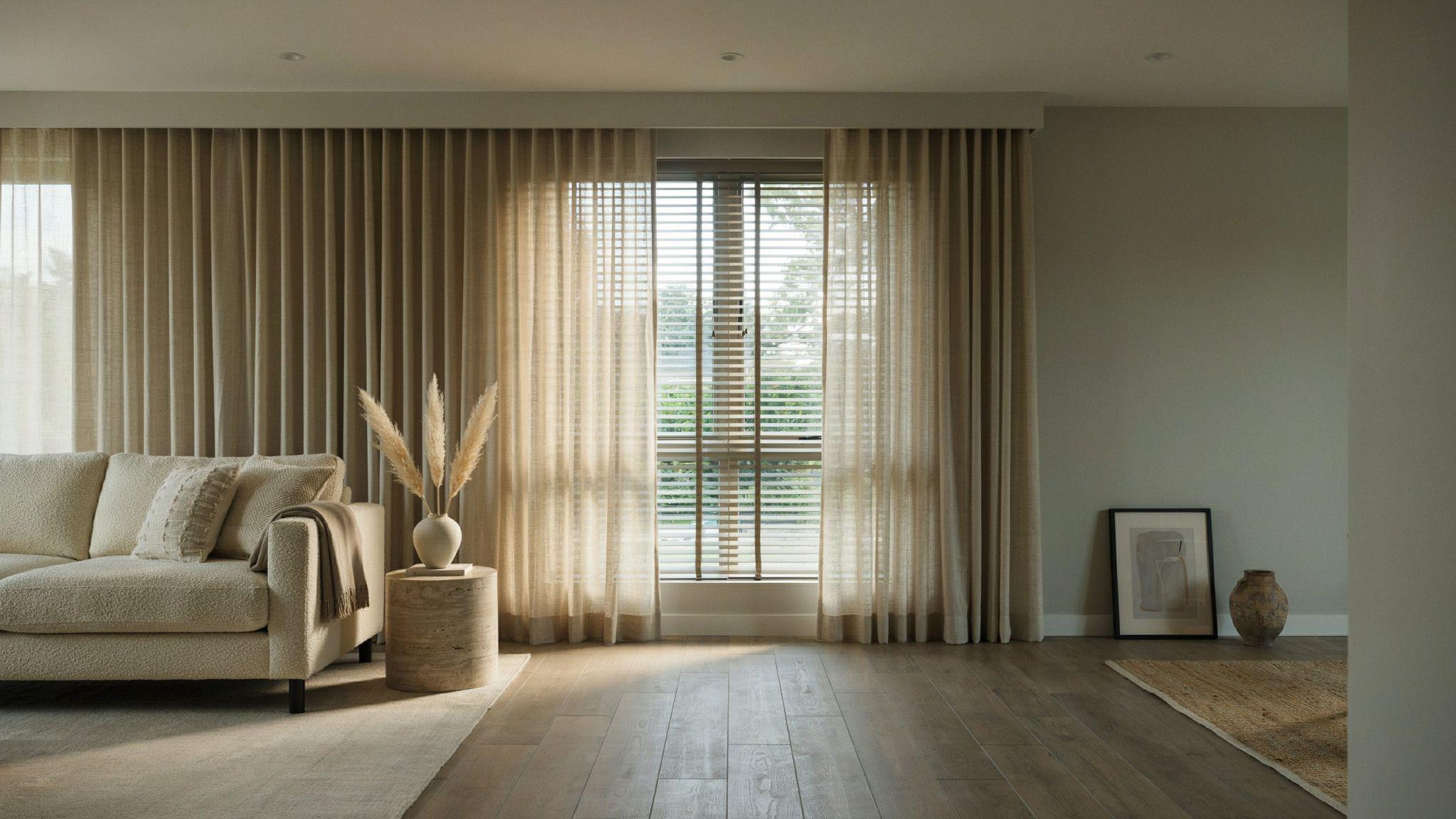 Ceiling-mounted curtains installed over window blinds.