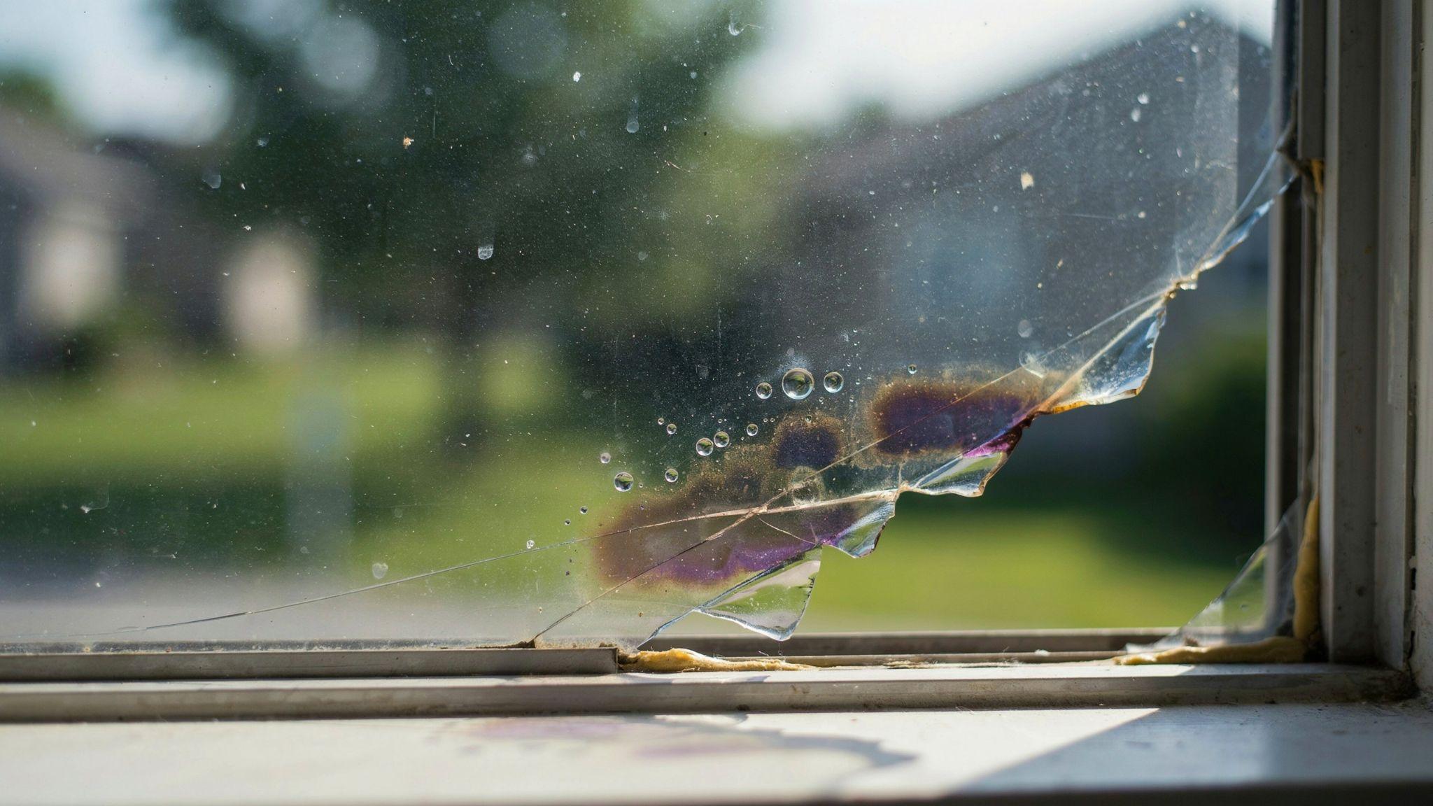 Aging window tint with bubbles, peeling edges, and discoloration over time.
