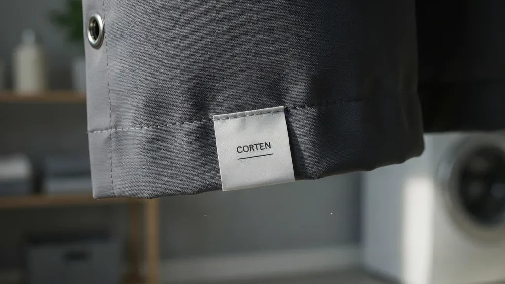 Checking the care label on blackout curtains before washing.