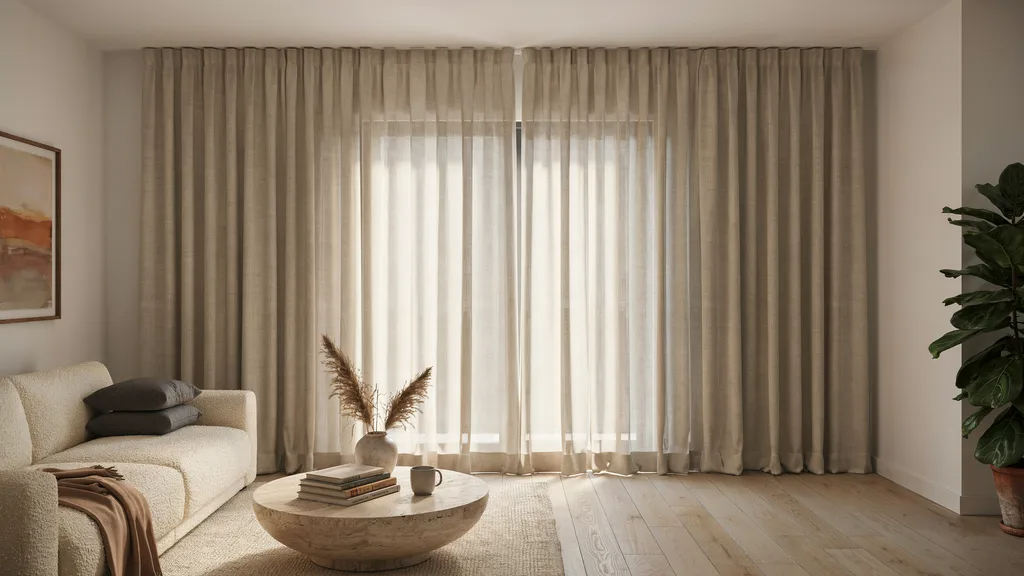 Vertical blinds completely hidden behind floor-to-ceiling curtains in a modern living room DIY window makeover.