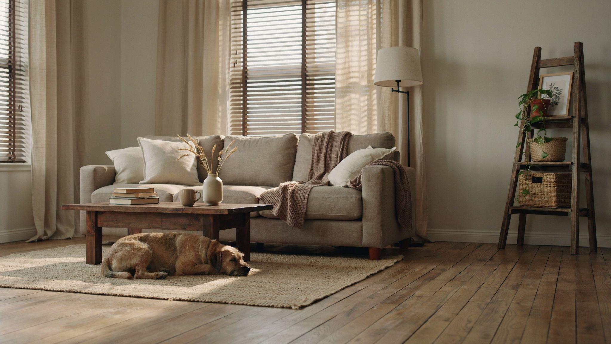 Neutral beige curtains layered over wood blinds.