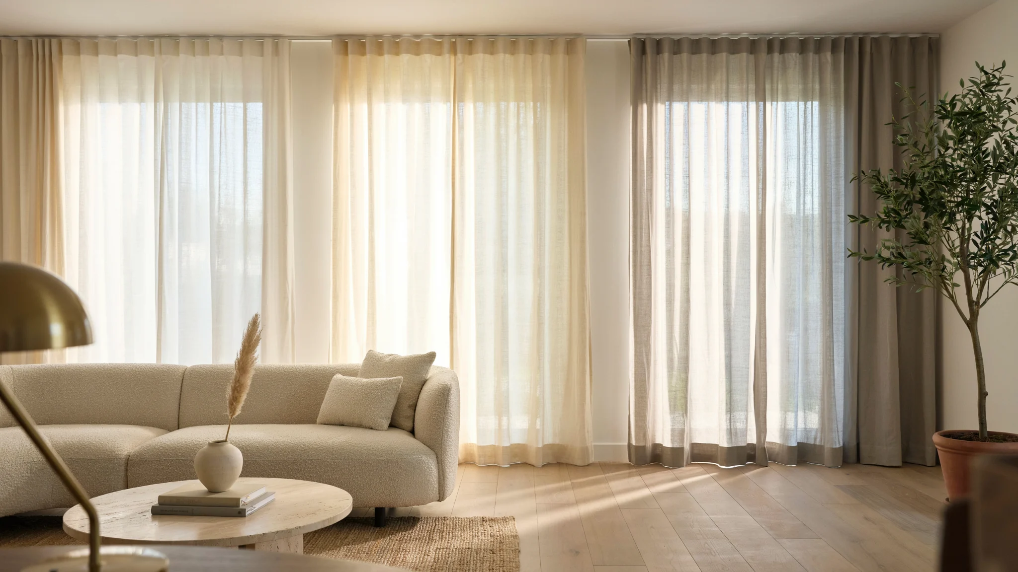 Three windows framed by neutral linen curtains that create a timeless and versatile interior design.