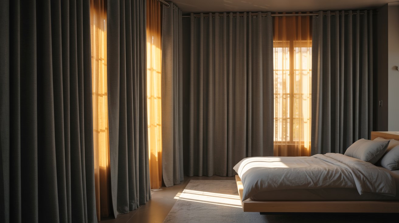 "Floor-to-ceiling blackout curtains blocking strong summer heat in a realistic modern bedroom."