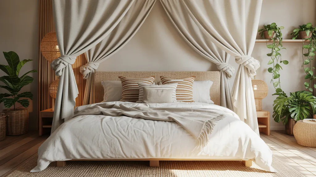 Boho bedroom with knotted curtains adding texture behind the bed.