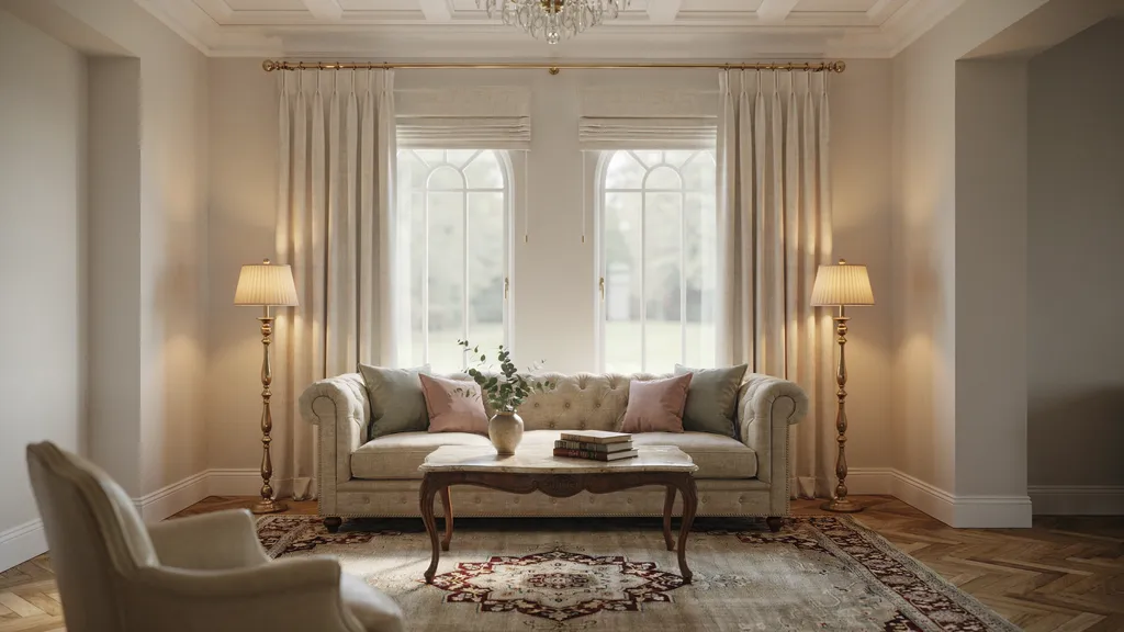 Neutral curtains with white blinds in a clean minimalist modern room