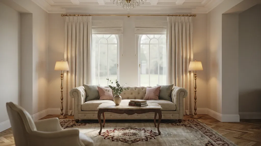 Neutral curtains with white blinds in a clean minimalist modern room